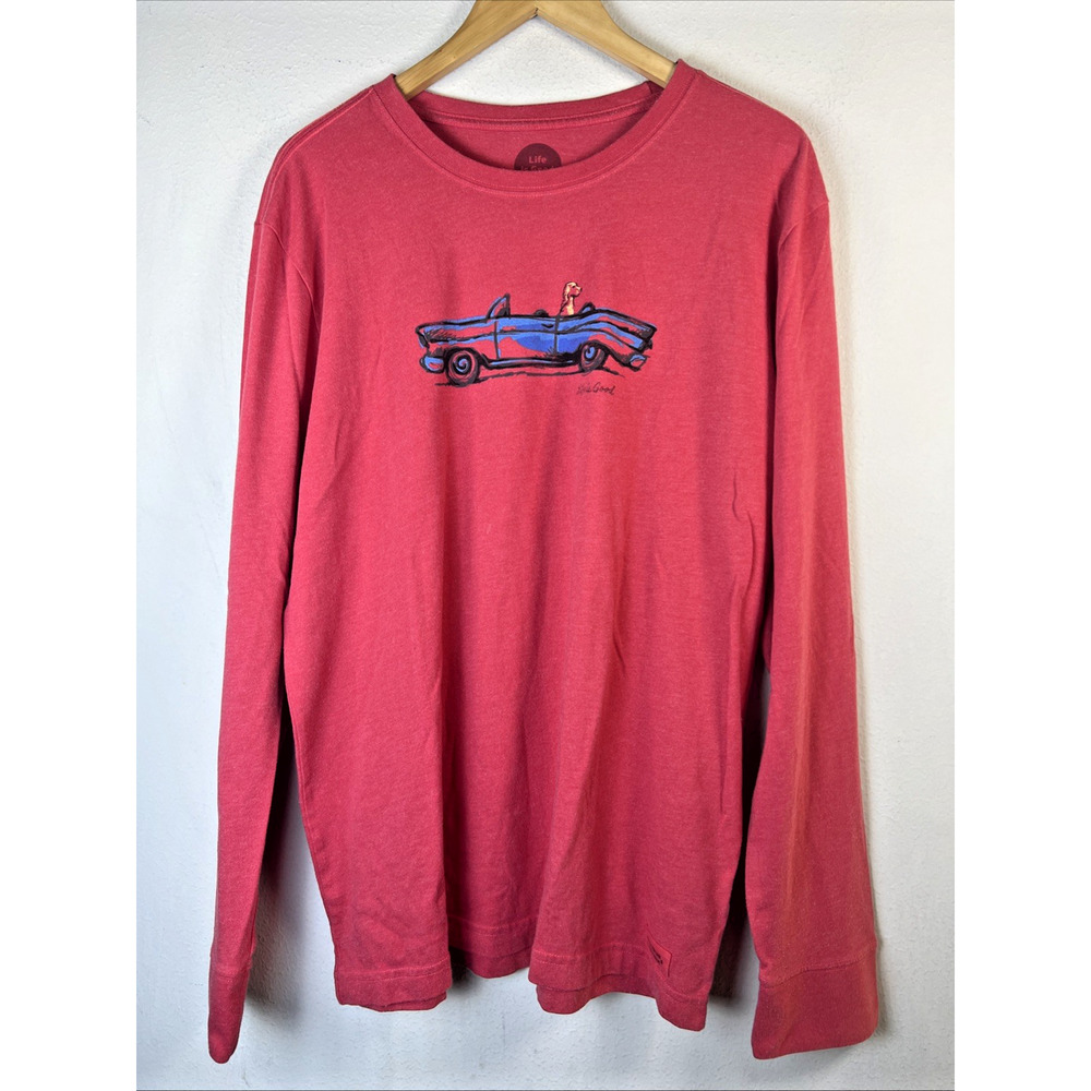 Life Is Good Red Long Sleeve Car Dog Graphic Tee Shirt large crusher rag top